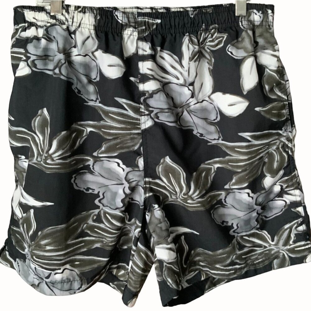 Pacific Scene Hawaiian Floral Swim Trunks Black Lined Elastic Waist Pockets L